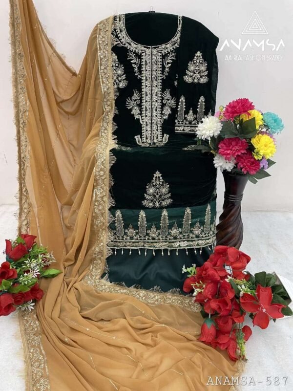 ANAMSA - 587 PURE VELVET HEAVY EMBROIDERED VERY BEAUTIFUL DESIGN PARTY WEAR SUIT