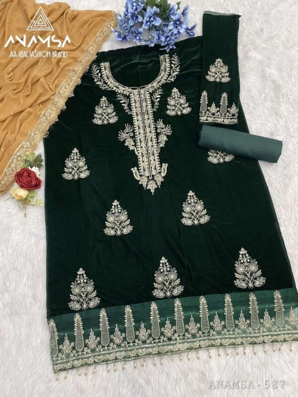 ANAMSA - 587 PURE VELVET HEAVY EMBROIDERED VERY BEAUTIFUL DESIGN PARTY WEAR SUIT - Image 3