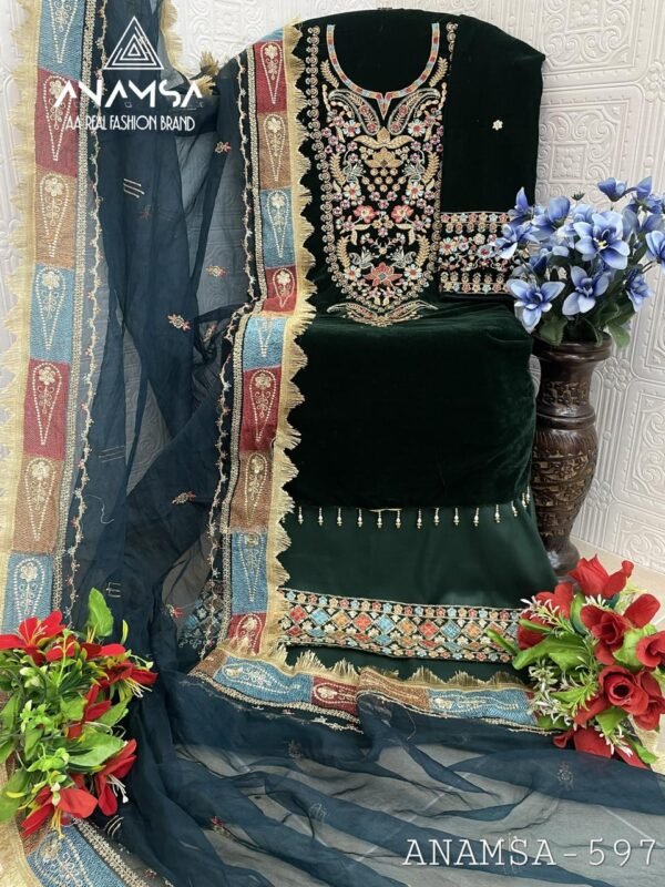 Anamsa 597 refers to a semi-stitched velvet salwar kameez (a traditional Indian and Pakistani outfit) with embroidery and sequence work.