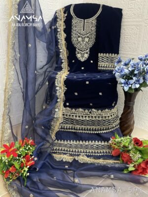 ANAMSA - 591 PURE VELVET HEAVY EMBROIDERED BEAUTIFUL DESIGN PARTY WEAR SUIT