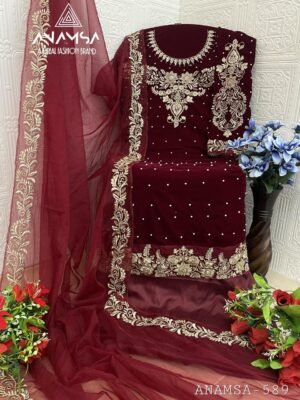 Anamsa 589 Velvet Heavy Embroidered Beautiful Design Sequence An Moti Work Pakistani Suits