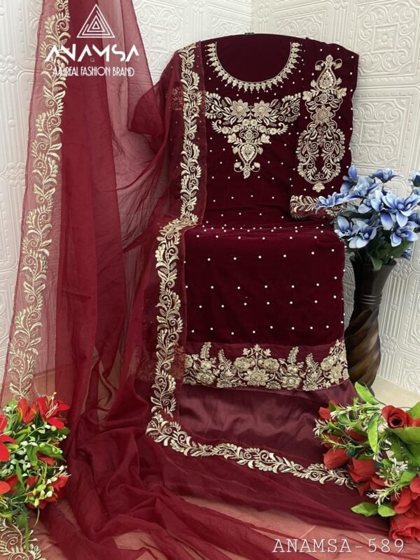 Anamsa 589 Velvet Heavy Embroidered Beautiful Design Sequence An Moti Work Pakistani Suits