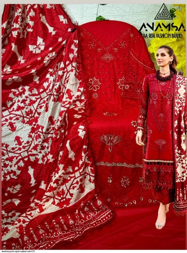 ANAMSA 412  PURE RAYON IN RED COLOUR PAKISTANI SUIT - Image 4