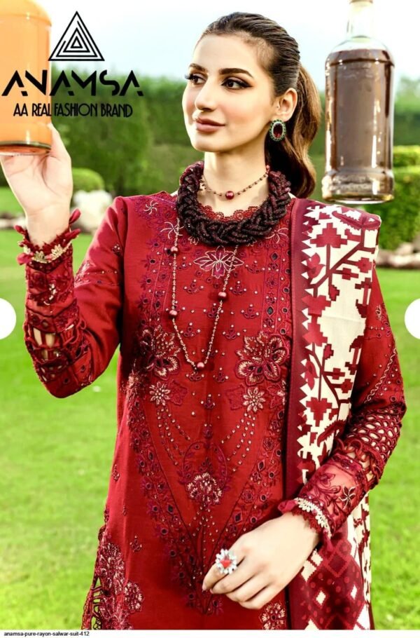 ANAMSA 412  PURE RAYON IN RED COLOUR PAKISTANI SUIT - Image 3