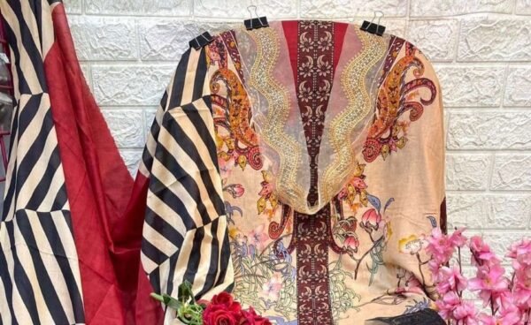 Trending Peach Color Karachi Suit With Dupatta Cotton Fabric - Image 3