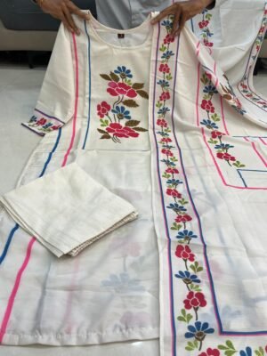 Alternative view of Abstract summer muslin set  printed floral on kurta &slit with highlights and beautiful placed duppata