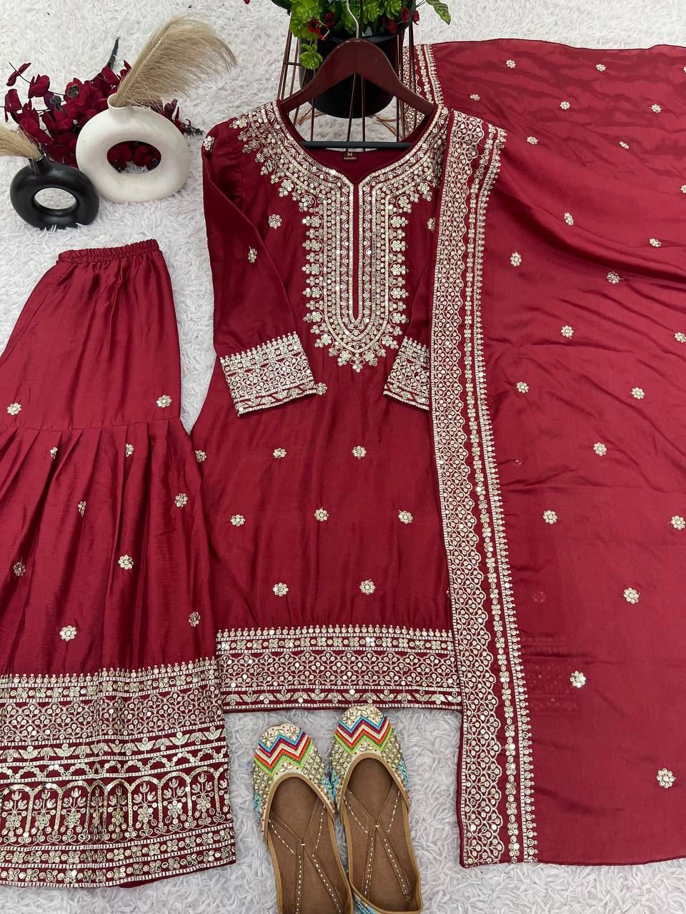 Presenting New Chinnon Silk With Heavy Embroidery Sequence Work Top-Plazo And Dupatta Set With Fully Stitched Ready To Wear Collection 🔥😍🥰 - Image 4