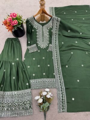 Alternative view of Presenting New Chinnon Silk With Heavy Embroidery Sequence Work Top-Plazo And Dupatta Set With Fully Stitched Ready To Wear Collection 🔥😍🥰