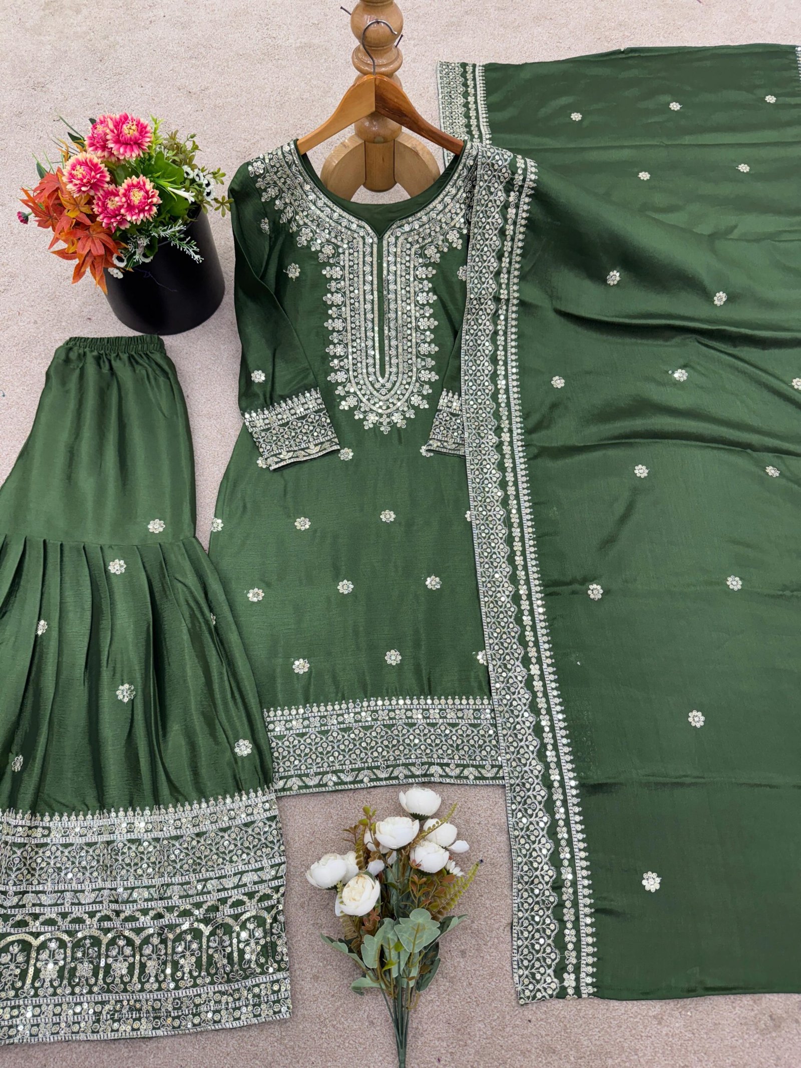 Presenting New Chinnon Silk With Heavy Embroidery Sequence Work Top-Plazo And Dupatta Set With Fully Stitched Ready To Wear Collection 🔥😍🥰 - Image 2