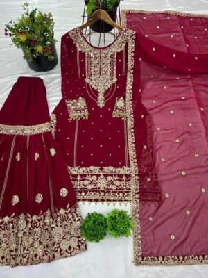 Alternative view of Presenting New Designer Collection In Pure Heavy Faux Georgette With Heavy Embroidery Coding Dori-Sequence Work Top-Bottom And Dupatta Set Fully Stitched Ready To Wear