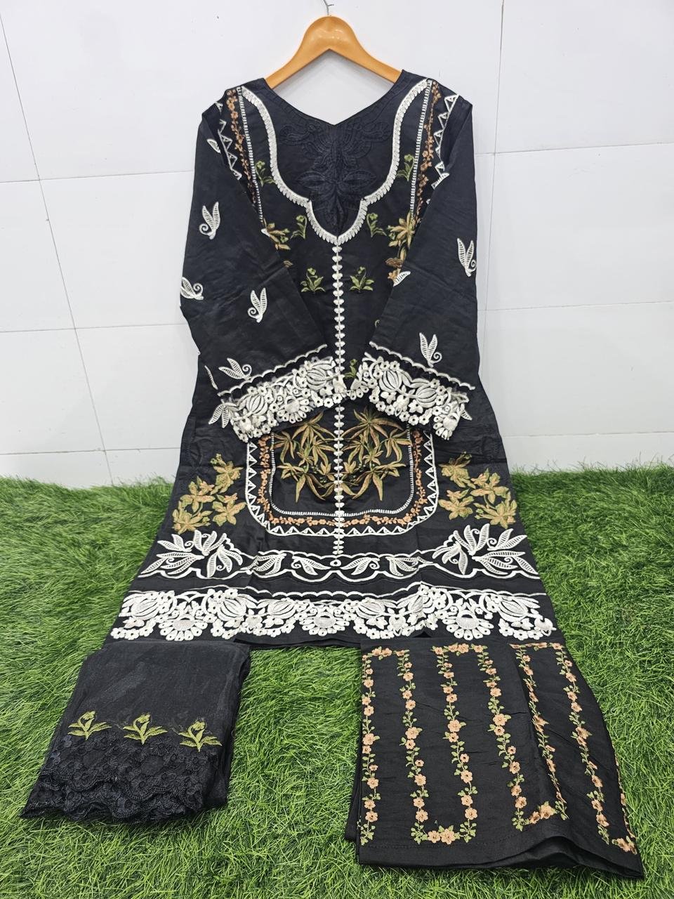 Designer Tunic Embellished with beautiful embroidery work in Top and Slive With & paired with Classic Cotton Straight pants with embroidery & with Embroidery Work Orgenza Dupatta - Image 3