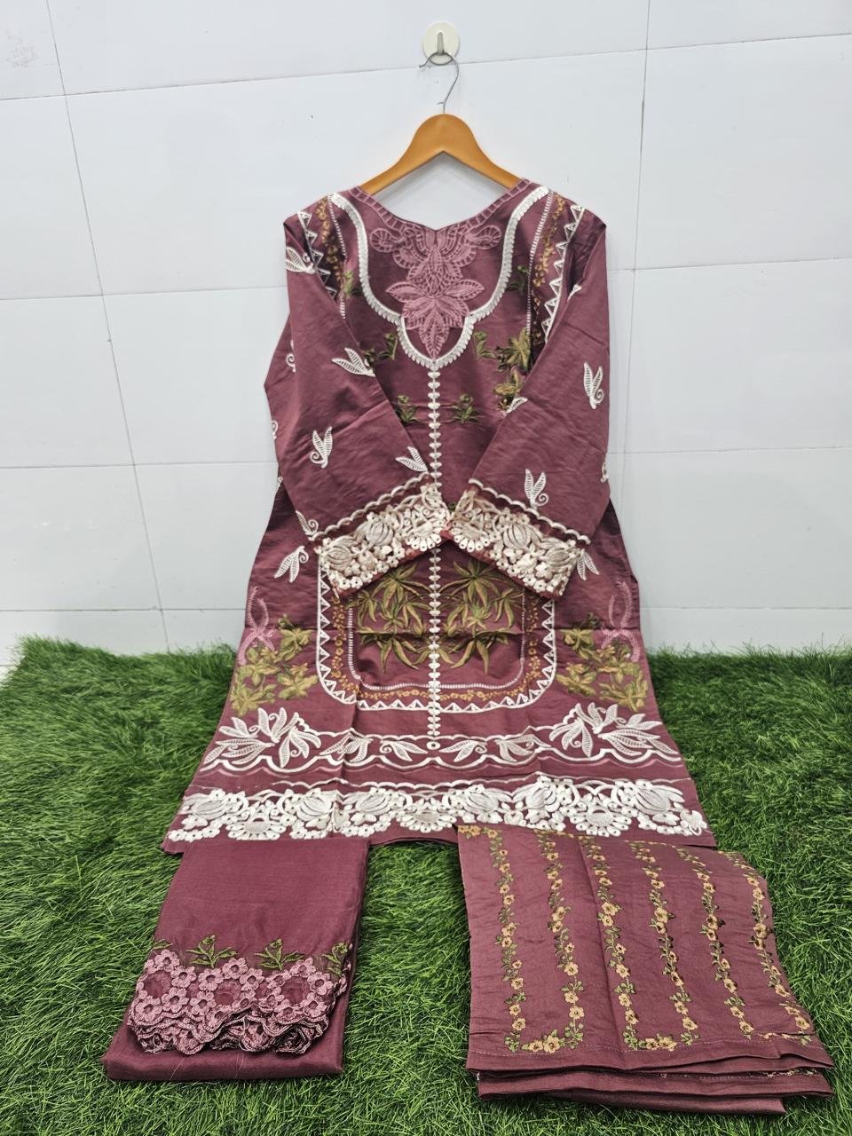 Designer Tunic Embellished with beautiful embroidery work in Top and Slive With & paired with Classic Cotton Straight pants with embroidery & with Embroidery Work Orgenza Dupatta - Image 2