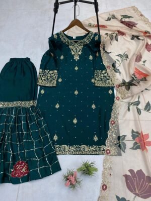 Alternative view of EXCLUSIVE DESIGNER HEAVY CHINON WITH SEQUANCE EMBROIDERY WORK SUIT WITH FULL FLAIR WORK SHARARA AND DUPATTA