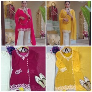 FESTIVAL SPECIAL EMBROIDERY WORK ON SILK FABRIC TOP AND PLAZZO WITH DUPATTA SET