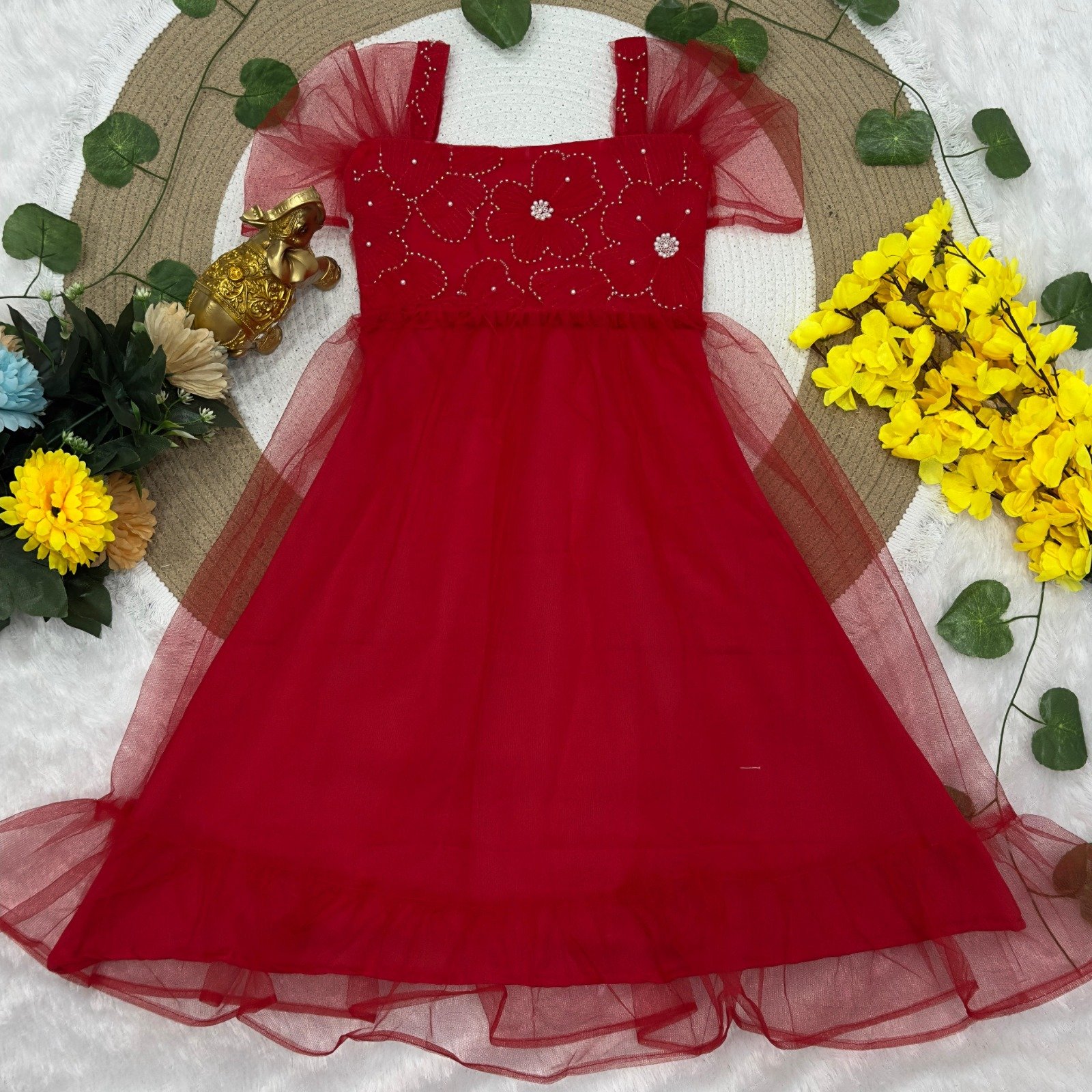 Fancy Net with Moti Work, Soft netted full flair Gown, elegant look, beautiful moti details, perfect for special occasions like Navratri weddings.