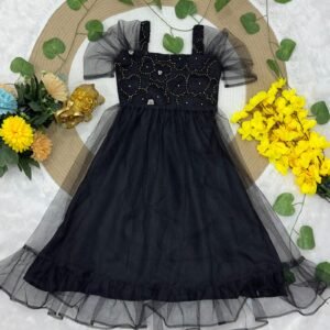 Alternative view of Fancy Net with Moti Work, Soft netted full flair Gown, elegant look, beautiful moti details, perfect for special occasions like Navratri weddings.