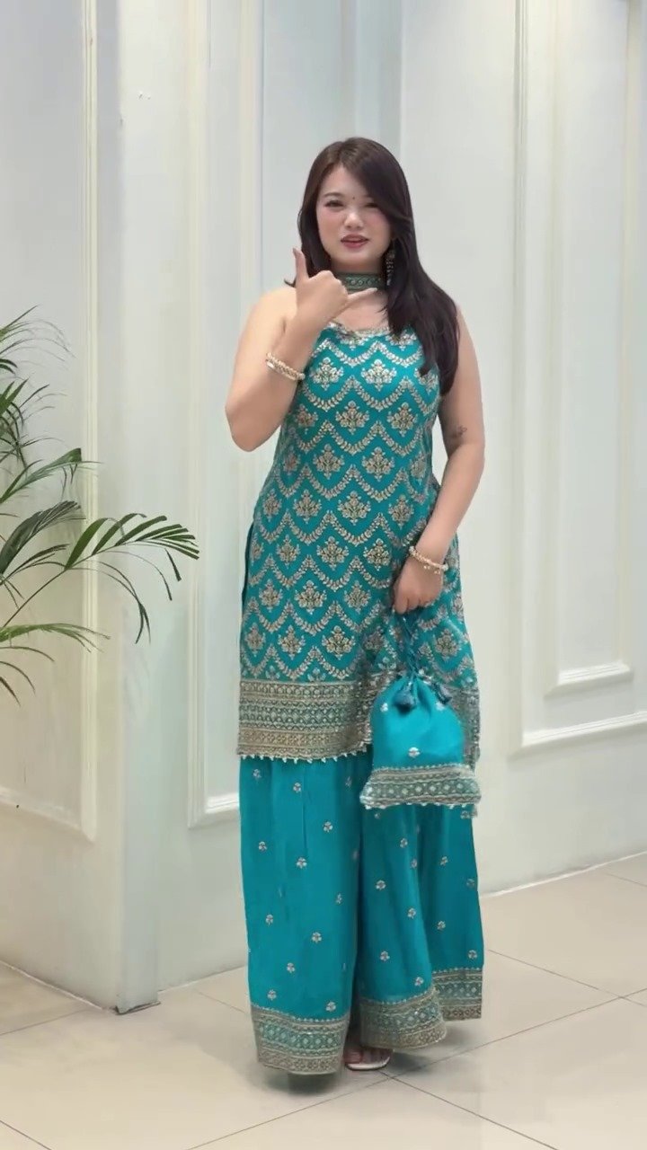 FESTIVAL SPECIAL SEQUENCE EMBROIDERY ON SILK FABRIC TOP AND PLAZZO WITH DUPATTA SET - Image 10