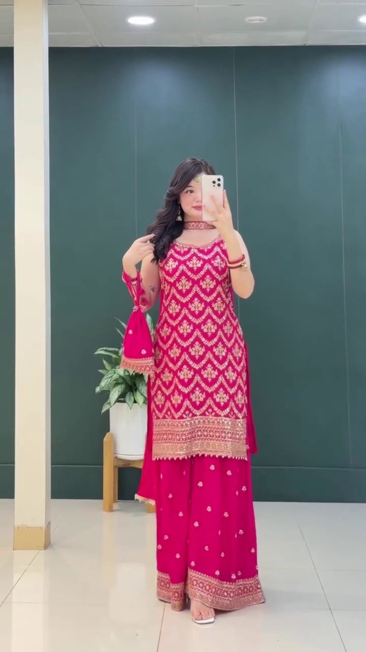 FESTIVAL SPECIAL SEQUENCE EMBROIDERY ON SILK FABRIC TOP AND PLAZZO WITH DUPATTA SET - Image 8