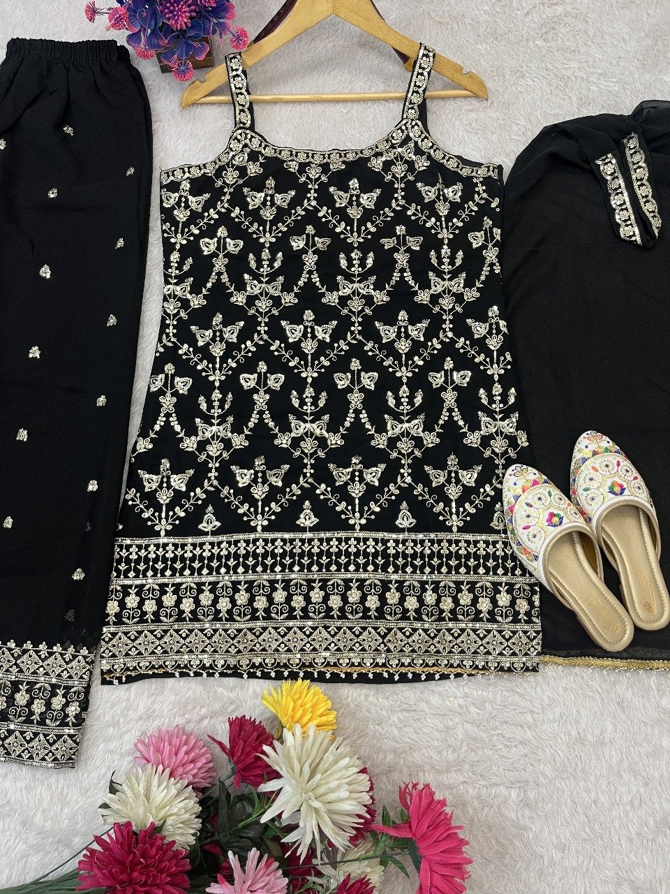 FESTIVAL SPECIAL SEQUENCE EMBROIDERY ON SILK FABRIC TOP AND PLAZZO WITH DUPATTA SET - Image 4