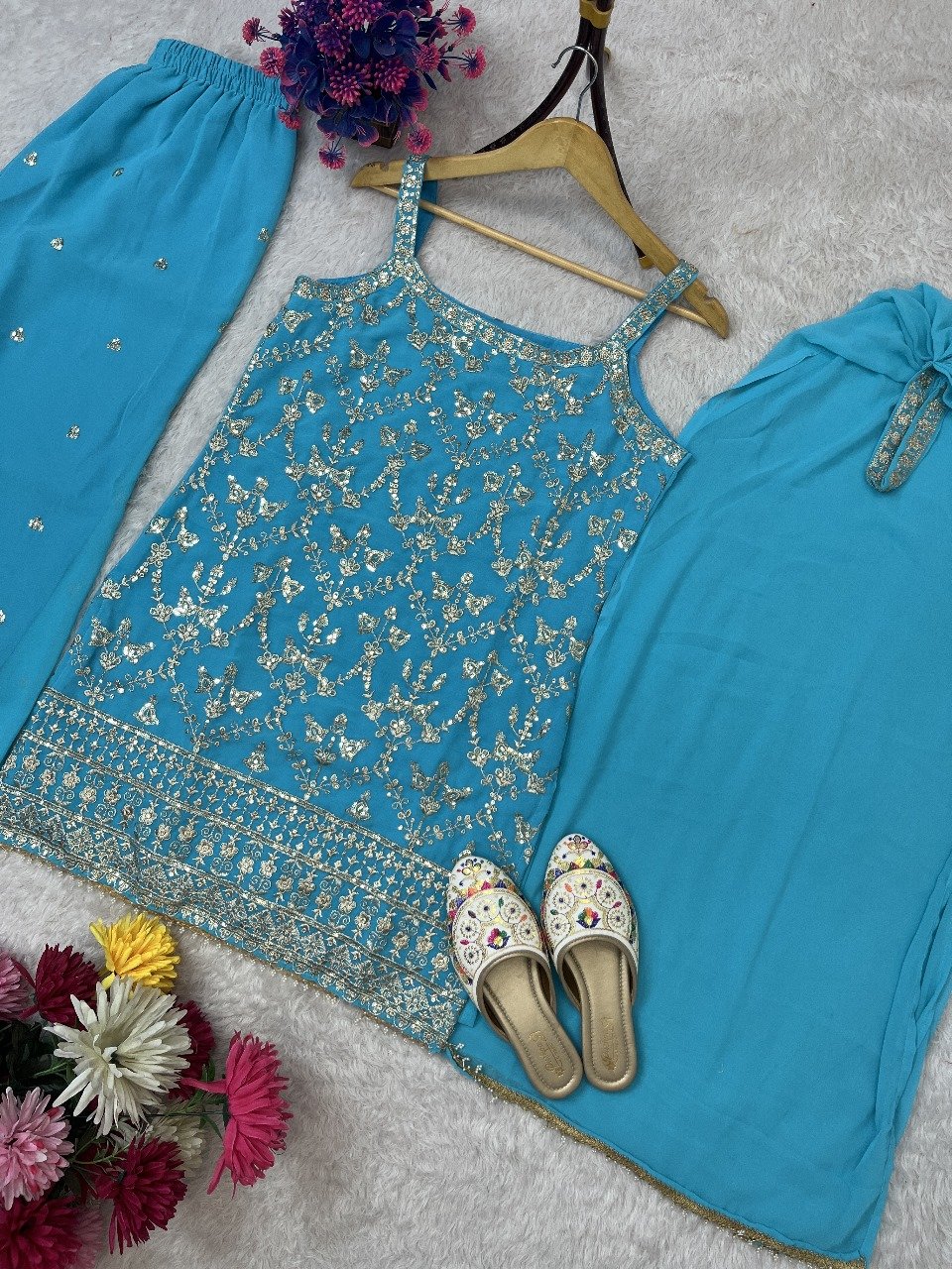 FESTIVAL SPECIAL SEQUENCE EMBROIDERY ON SILK FABRIC TOP AND PLAZZO WITH DUPATTA SET - Image 2