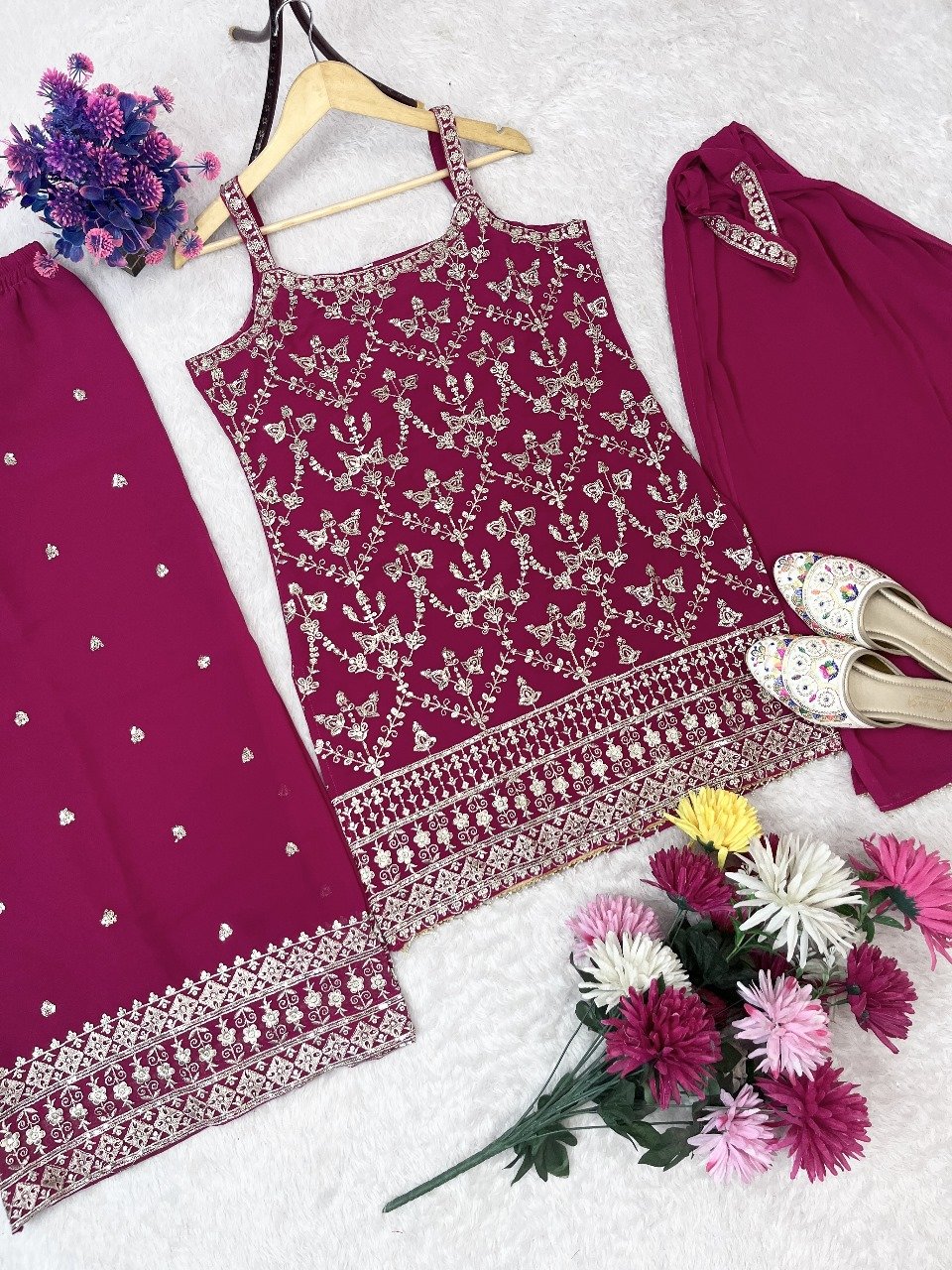 FESTIVAL SPECIAL SEQUENCE EMBROIDERY ON SILK FABRIC TOP AND PLAZZO WITH DUPATTA SET - Image 3