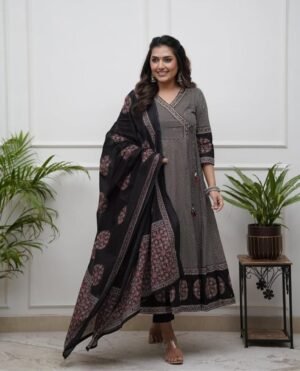 Designer Angrakha style kurti with digital print , Rayon pant with printed dupatta collection.