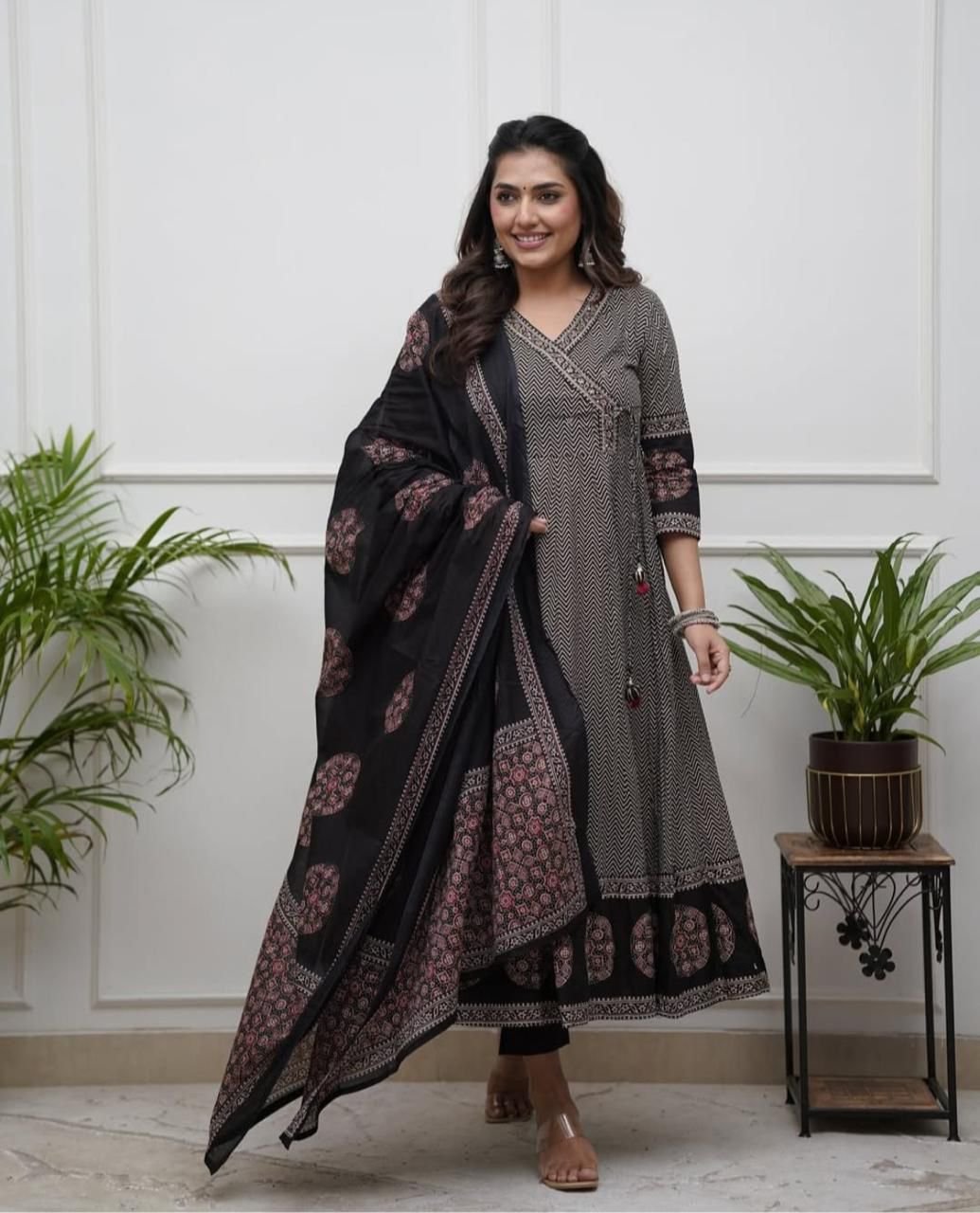 Designer Angrakha style kurti with digital print , Rayon pant with printed dupatta collection.