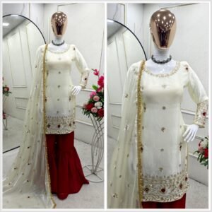 Presenting New Pure Fendy Silk Top-Sarara and Dupatta Set Fully Stitched Ready To Wear 🔥😍🥰