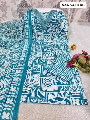 Cotton kurti pant printed duppata set with work patti on neck🪡