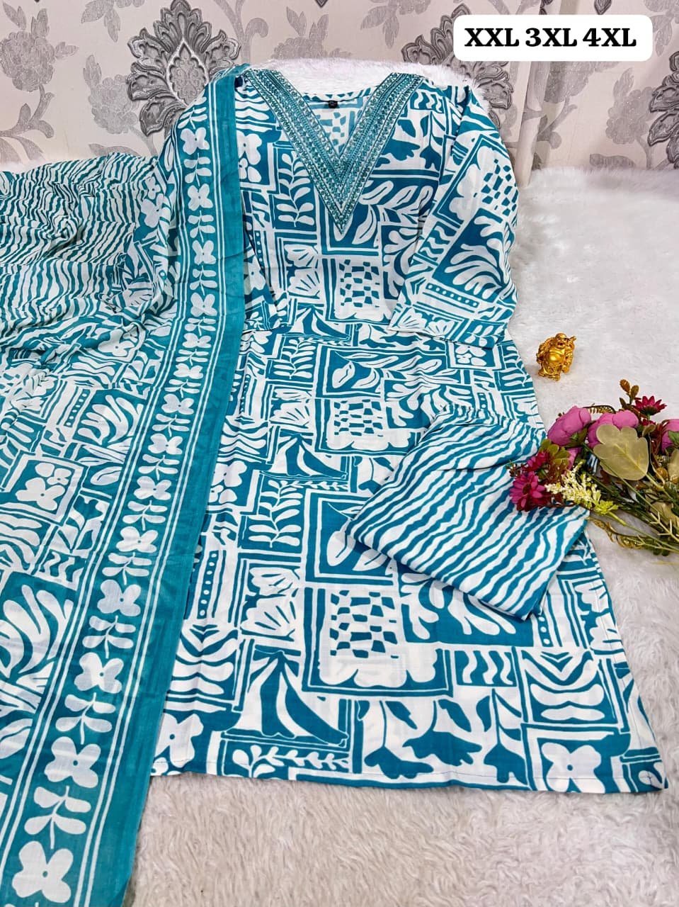 Cotton kurti pant printed duppata set with work patti on neck🪡