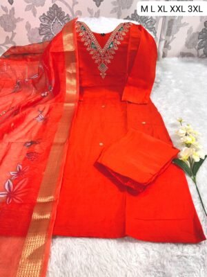 Premium Roman SilK V-Neck Kurti With Pant and Digital Print Duppata With four side traditional LatkaN