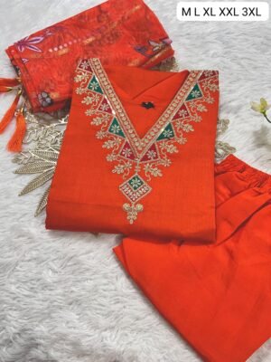 Alternative view of Premium Roman SilK V-Neck Kurti With Pant and Digital Print Duppata With four side traditional LatkaN