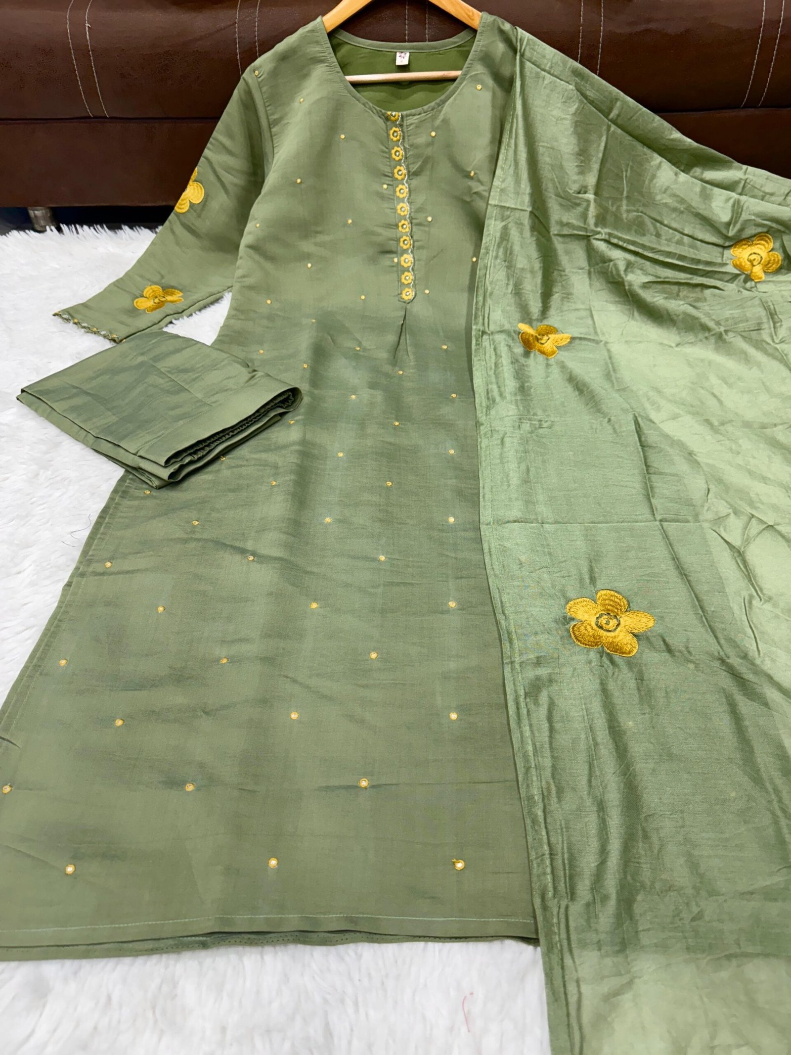 This Pair made From pure CHANDERI SILK With Attractive Goergeous Embroidered Work And Duptta - Image 2