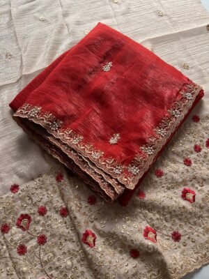 Alternative view of Crunchy chiffon crush silk with beautiful embroidery work scalloped cut work border