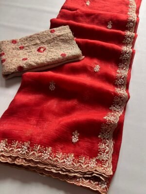 Crunchy chiffon crush silk with beautiful embroidery work scalloped cut work border