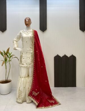 DESIGNER AND ELEGANCE SARARA SUIT IN THREE PIECE WITH REAL MIRROR AND SEQUENCE EMBROIDERY WORK