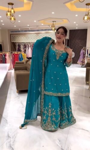 Pure Heavy Natural Crep Silk With Moti Work Embroidery Work With Fancy Borders Less Work Sleeve With Fancy Latkan Dori.