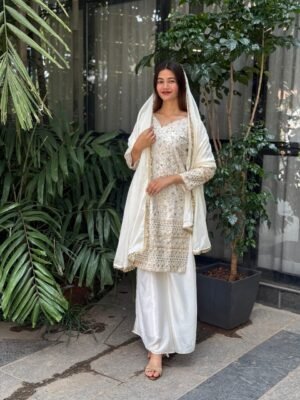 LAUNCH FESTIVAL SPECIAL SEQUENCE EMBROIDERY ON SILK FABRIC TOP AND PLAZZO WITH DUPATTA