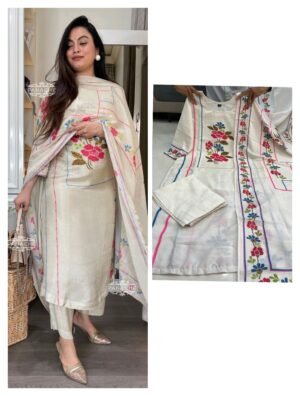 Abstract summer muslin set  printed floral on kurta &slit with highlights and beautiful placed duppata