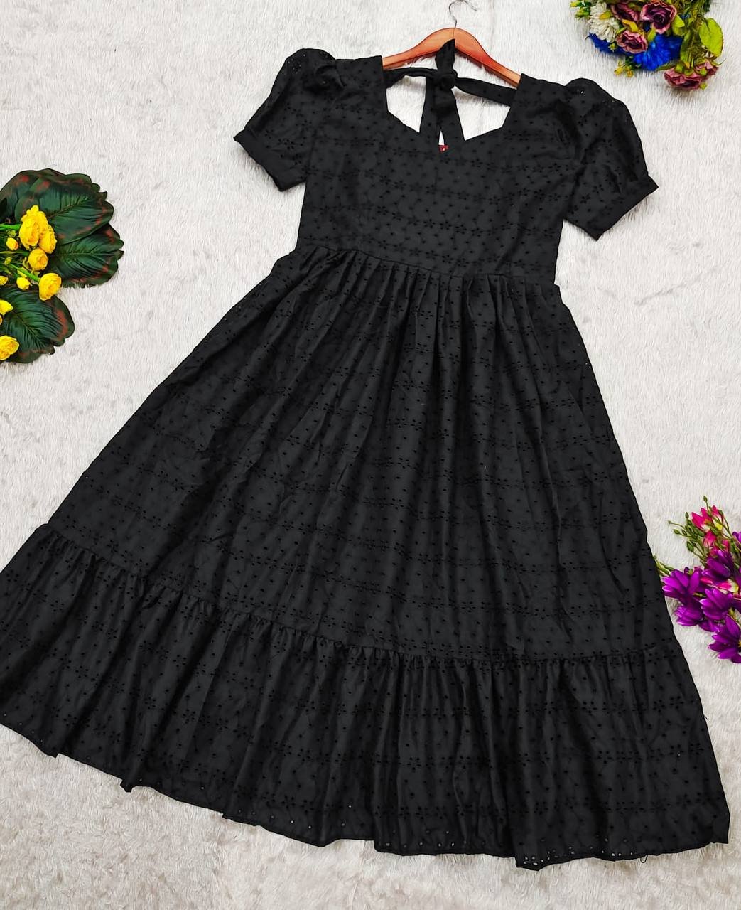 Unveil your elegance with our black schifli dress. This delicate piece combines intricate embroidery and a soft hue, perfect for any occasion. Elevate your style with this charming and sophisticated dress.🖤✨ - Image 2