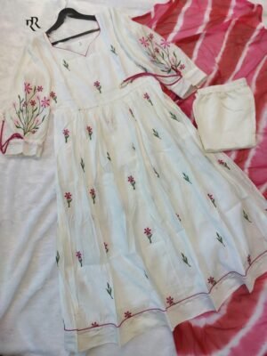 Alternative view of 😍 Elegant Design Premium Roman Silk Anrakali Suit set With Nazmin Dupatta And Dori  and Kodi on sleeve for adjustment Embroidery work on all Over kurti and Sleeve