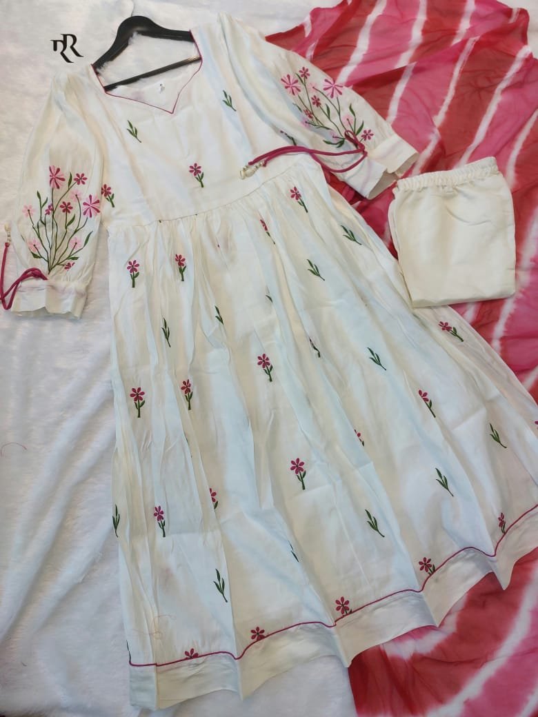 π Elegant Design Premium Roman Silk Anrakali Suit set With Nazmin Dupatta And Dori and Kodi on sleeve for adjustment Embroidery work on all Over kurti and Sleeve - Image 2