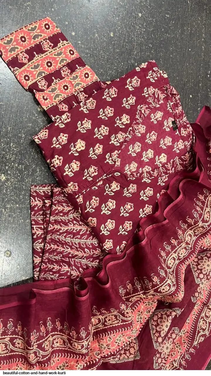 Abstract summer Cotton set printed floral on kurta &slit with highlights and beautiful embroidery placed duppata - Image 2