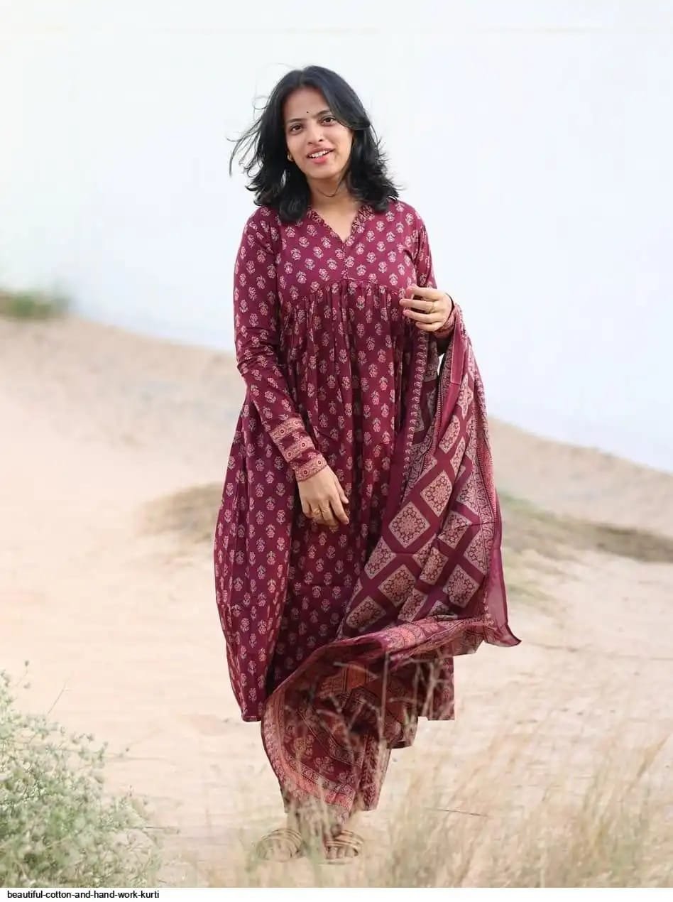 Abstract summer Cotton set printed floral on kurta &slit with highlights and beautiful embroidery placed duppata