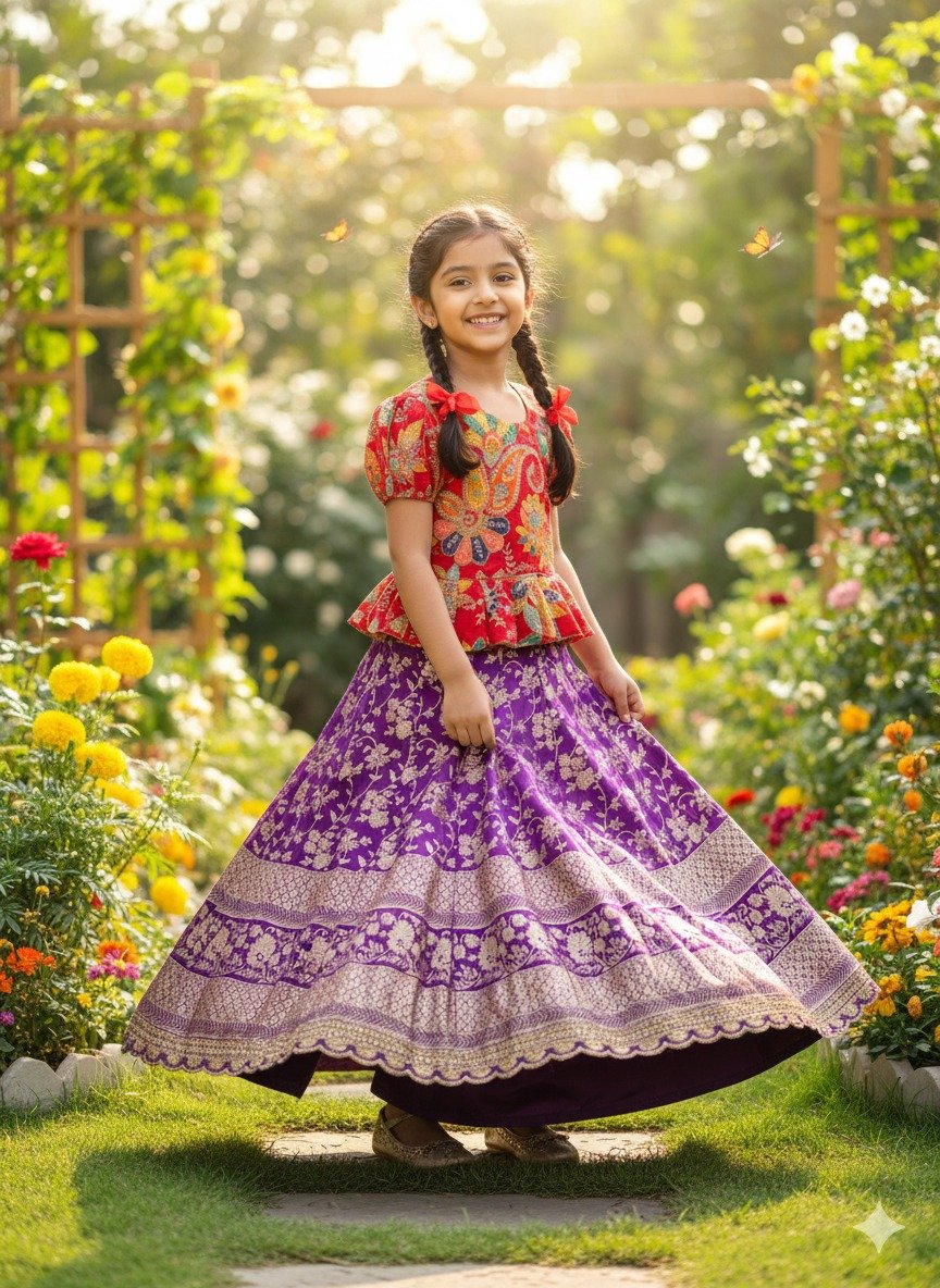 Adorable kids' collection featuring a position print blouse paired with a golden jari work skirt. The outfit combines playful prints with luxurious golden Weaving, perfect for little ones to shine on special occasions. - Image 14
