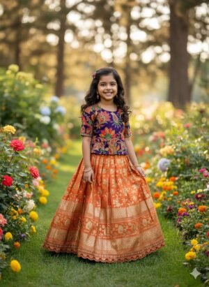 Adorable kids' collection featuring a position print blouse paired with a golden jari work skirt. The outfit combines playful prints with luxurious golden Weaving, perfect for little ones to shine on special occasions.