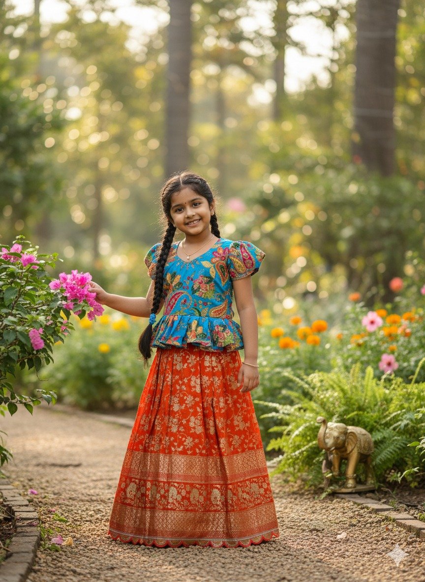 Adorable kids' collection featuring a position print blouse paired with a golden jari work skirt. The outfit combines playful prints with luxurious golden Weaving, perfect for little ones to shine on special occasions. - Image 11