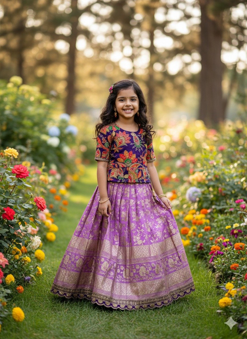 Adorable kids' collection featuring a position print blouse paired with a golden jari work skirt. The outfit combines playful prints with luxurious golden Weaving, perfect for little ones to shine on special occasions. - Image 13