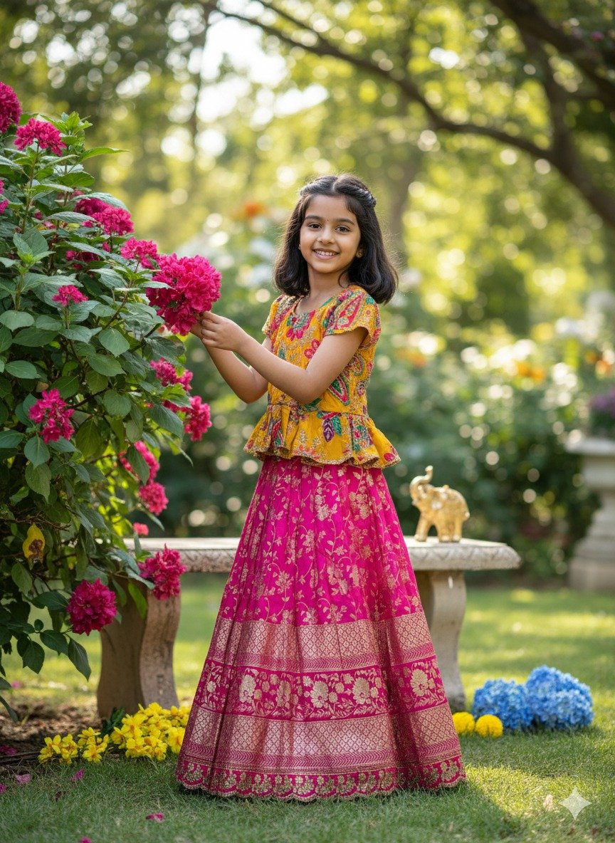 Adorable kids' collection featuring a position print blouse paired with a golden jari work skirt. The outfit combines playful prints with luxurious golden Weaving, perfect for little ones to shine on special occasions. - Image 9