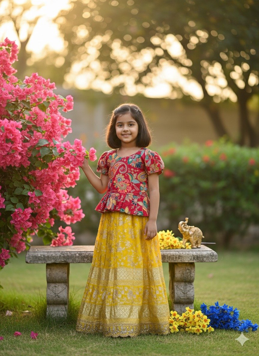 Adorable kids' collection featuring a position print blouse paired with a golden jari work skirt. The outfit combines playful prints with luxurious golden Weaving, perfect for little ones to shine on special occasions. - Image 10